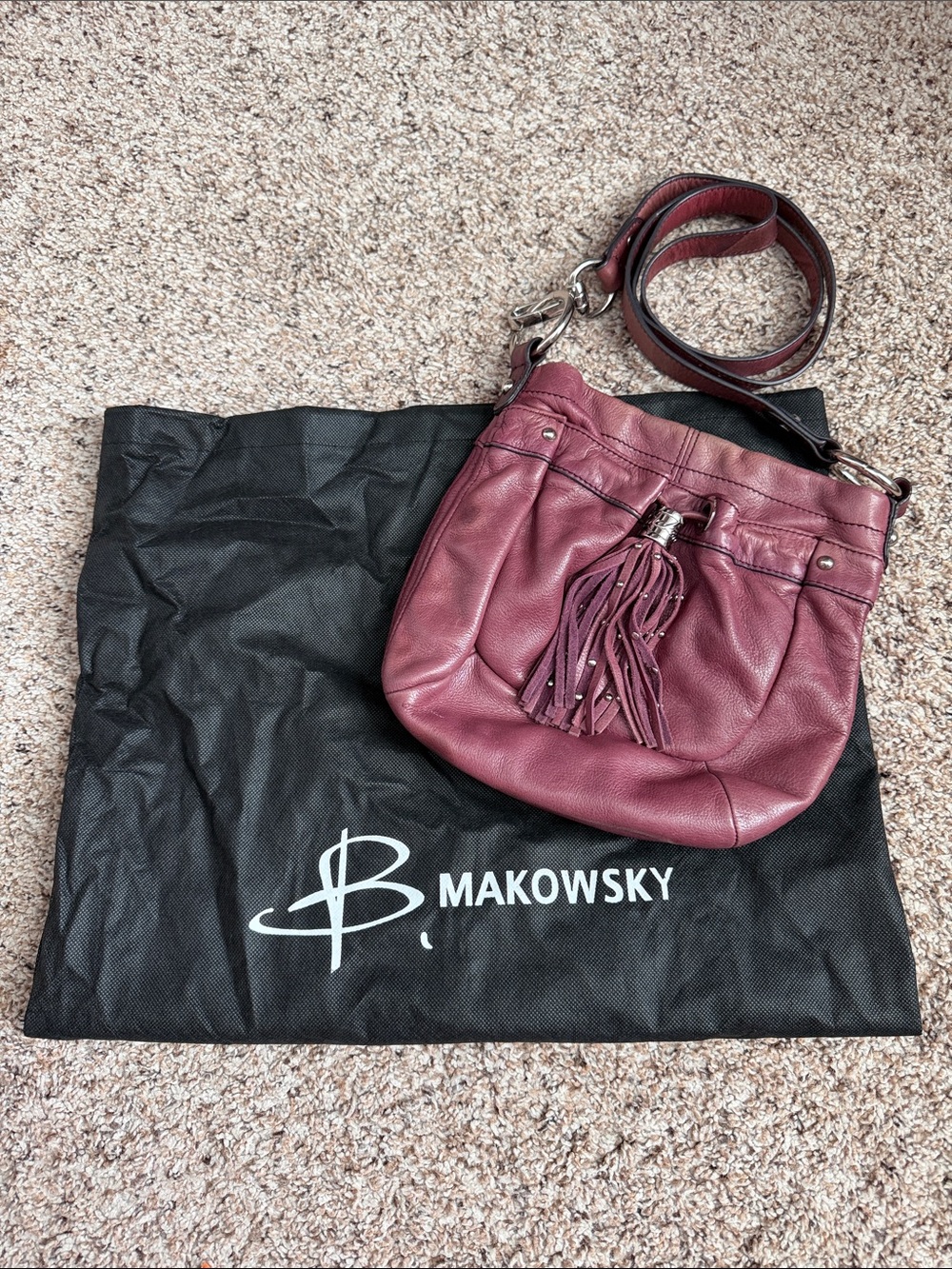 B. MAKOWSKY PLUM LEATHER CROSSBODY BAG PURSE — TASSEL DETAILS